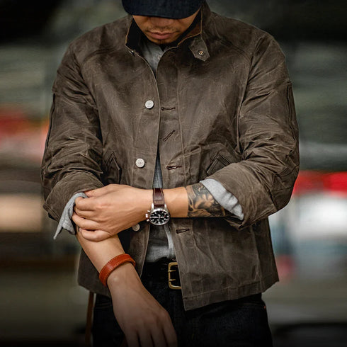 Vintage stand collar waterproof oil waxed canvas hunting jacket for men.